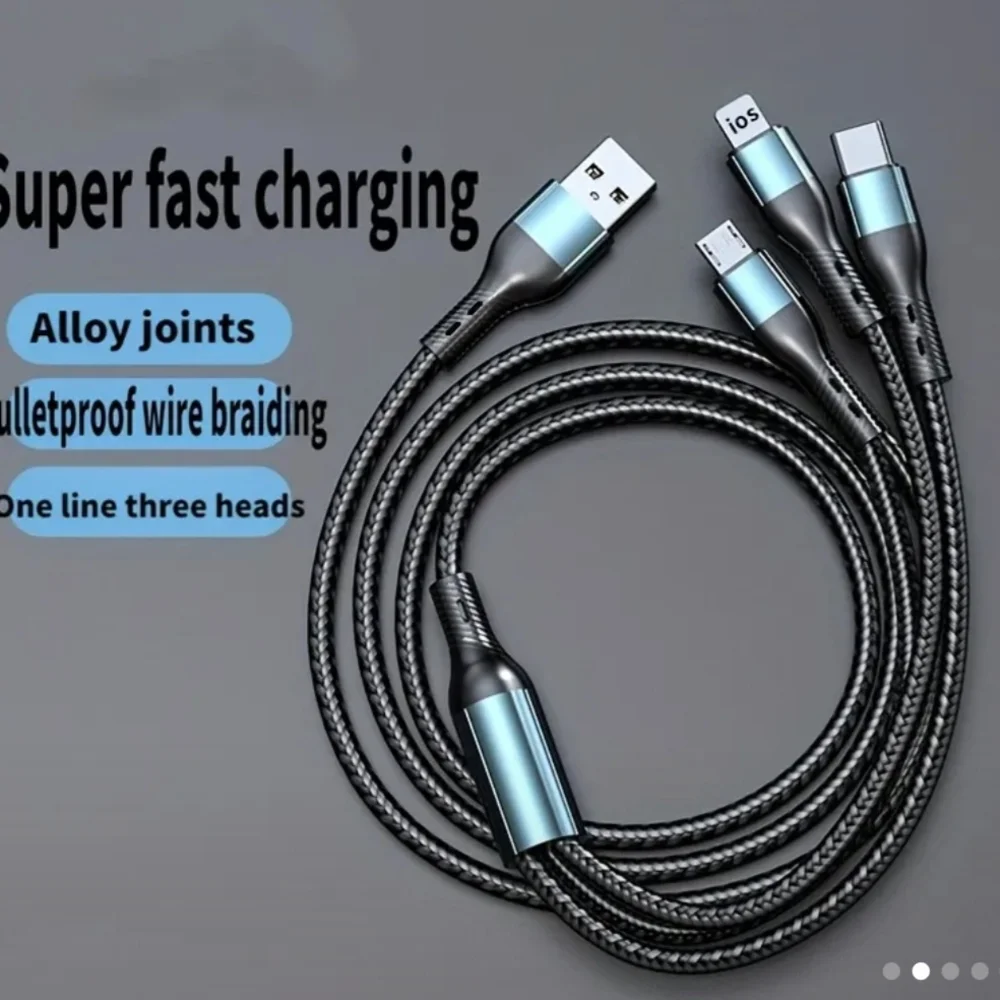Black and Silver 3-in-1 Fast Charging Cable with Durable Design